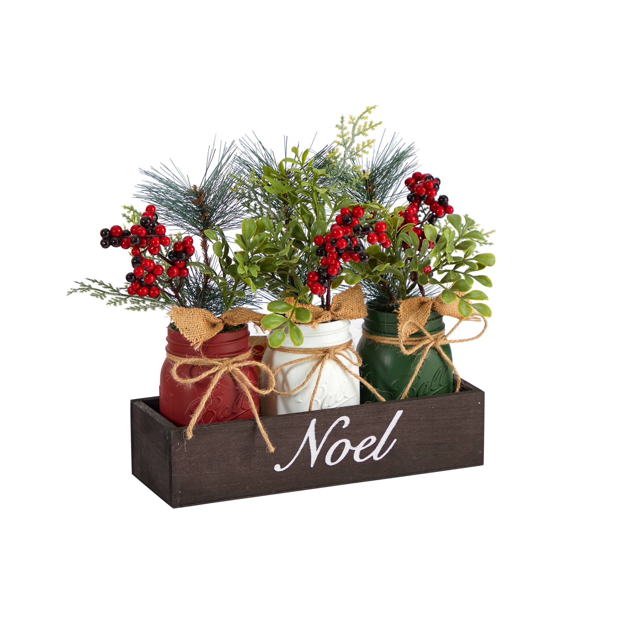 12" Holiday Winter Pine & Berries Mason Jar Arrangement Set